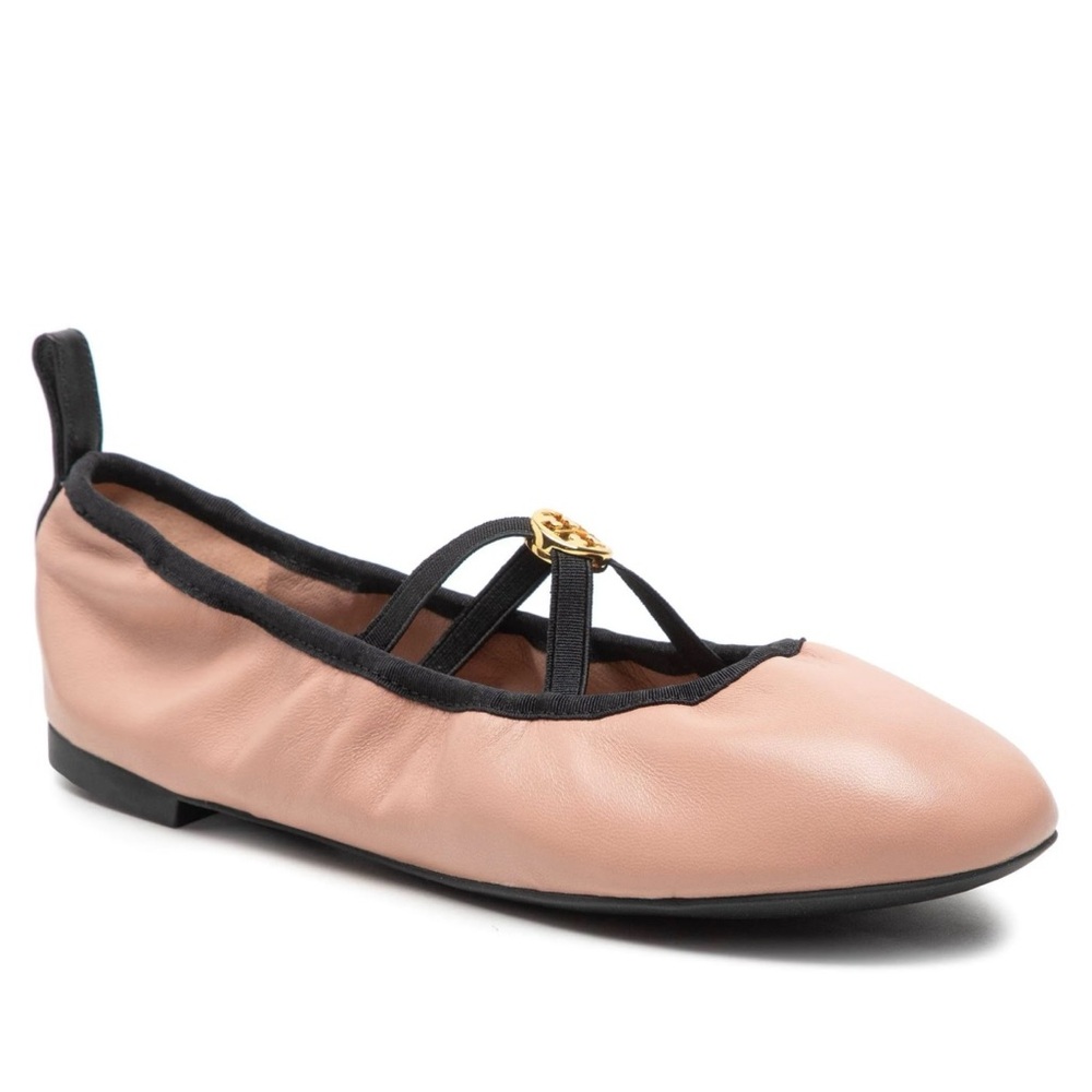New Tory Burch Soft Scrunch Ballet Sheep Plume Pink Black Ballet Flats Shoes 6